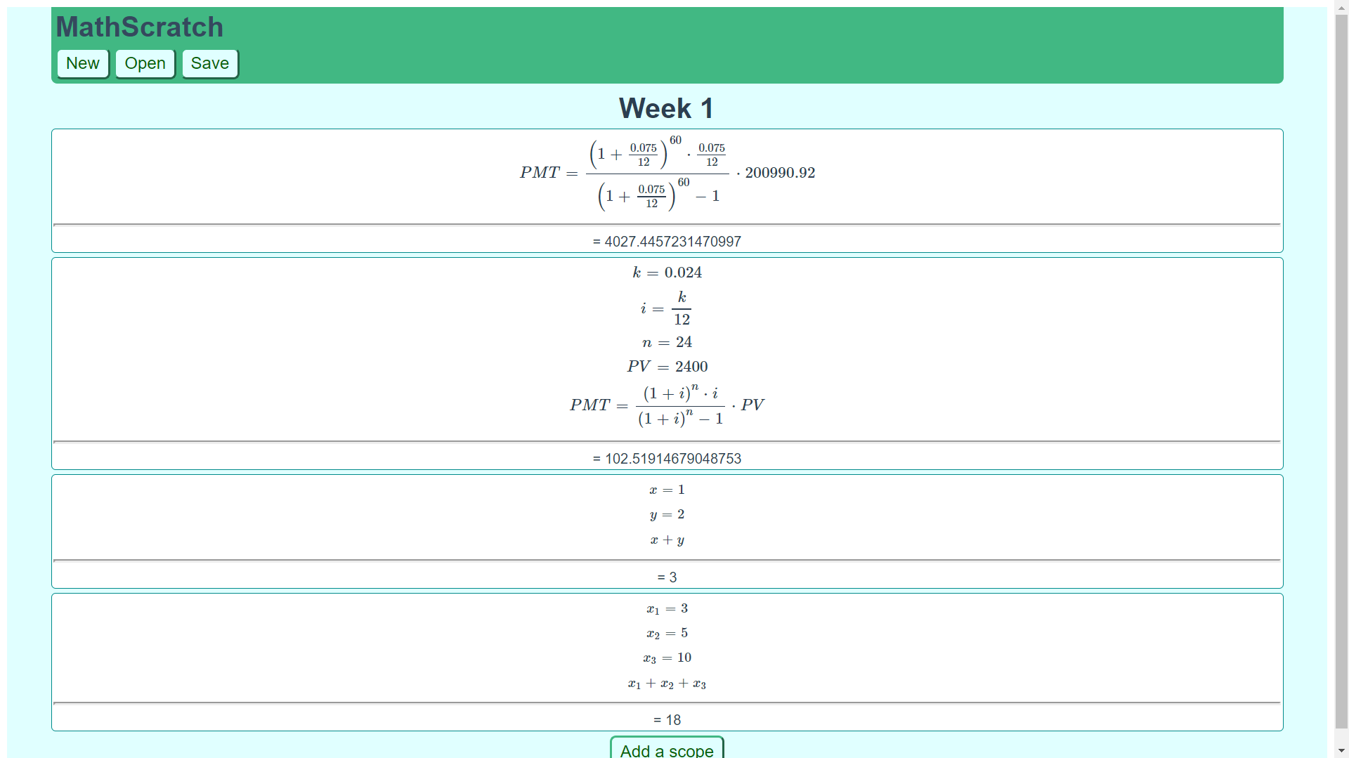 View of the Math scrath application